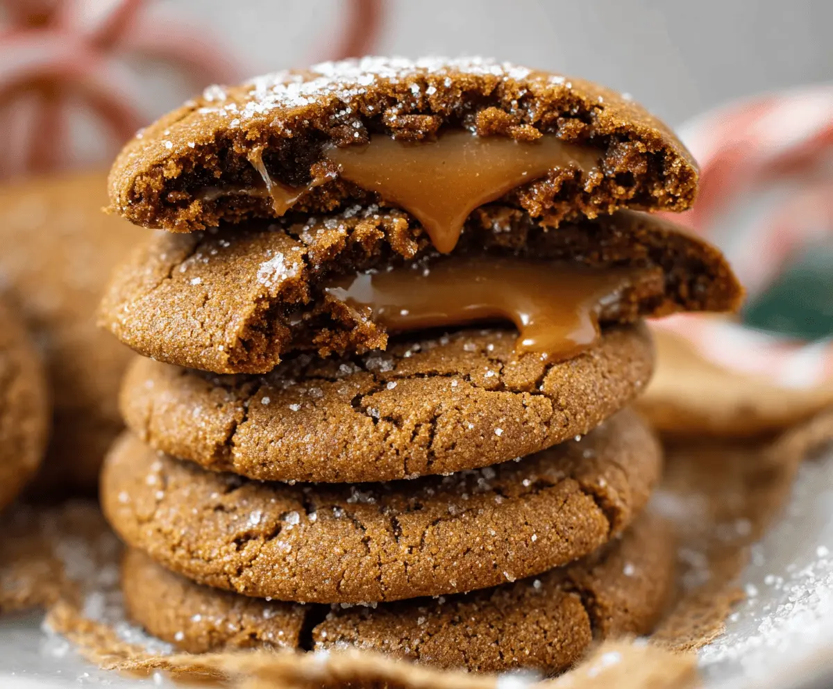 Delicious caramel-stuffed gingerbread cookies with a golden baked exterior and gooey caramel center.