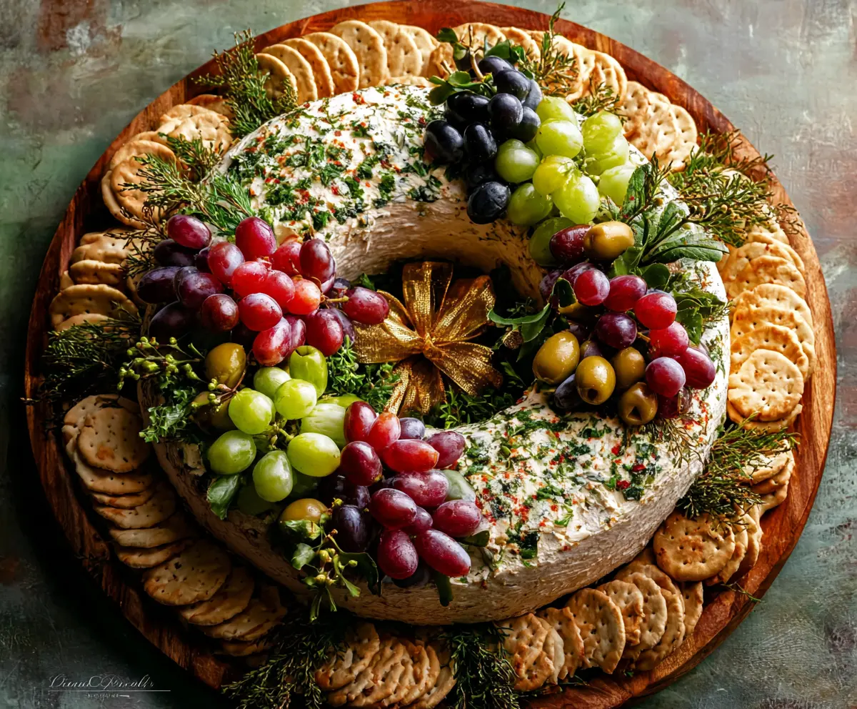 Cheeseball Wreath appetizers garnished with herbs on a decorative platter.