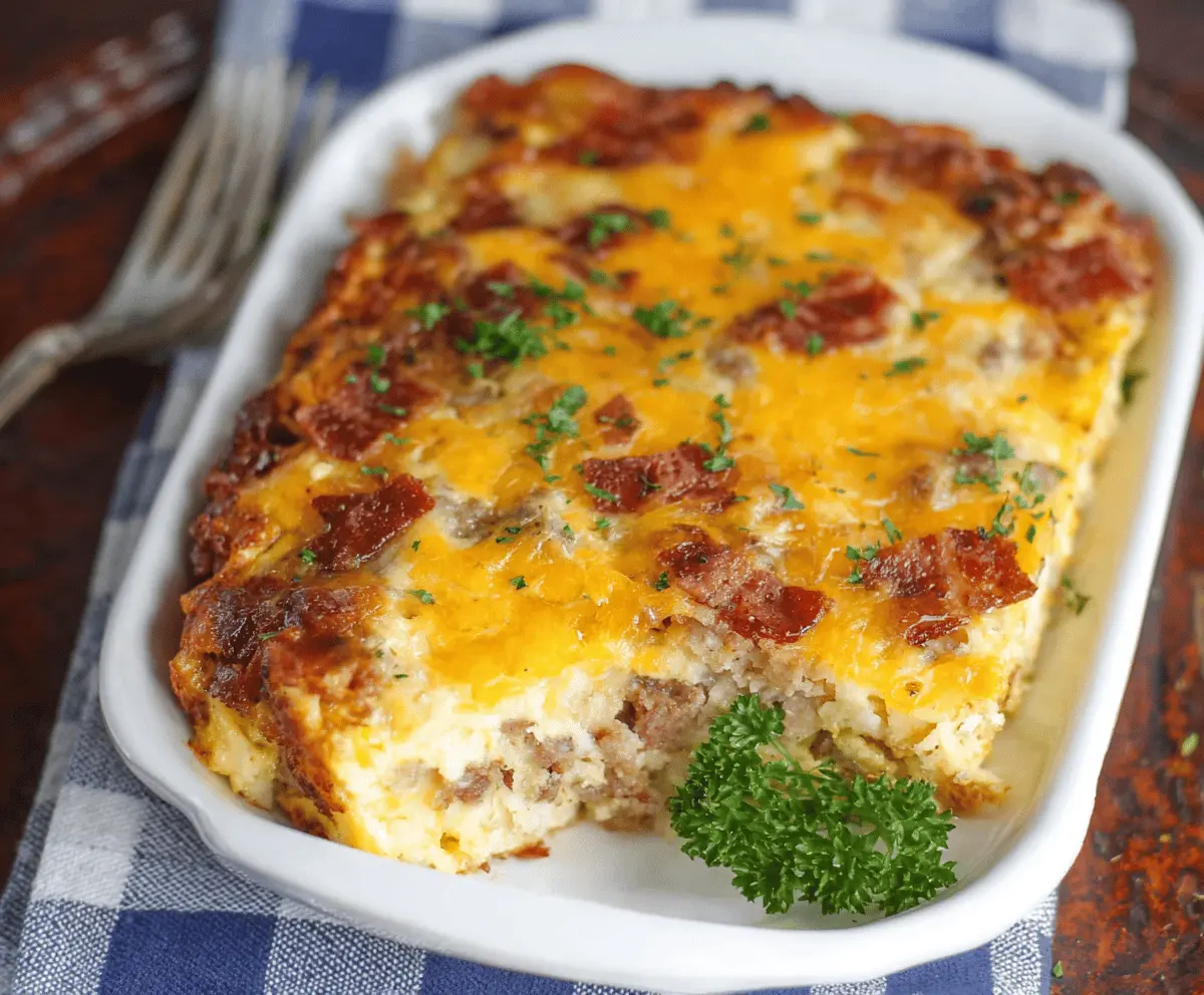 Delicious Cheesy Amish Breakfast Casserole with eggs, cheese, and breakfast sausage in a baking dish.