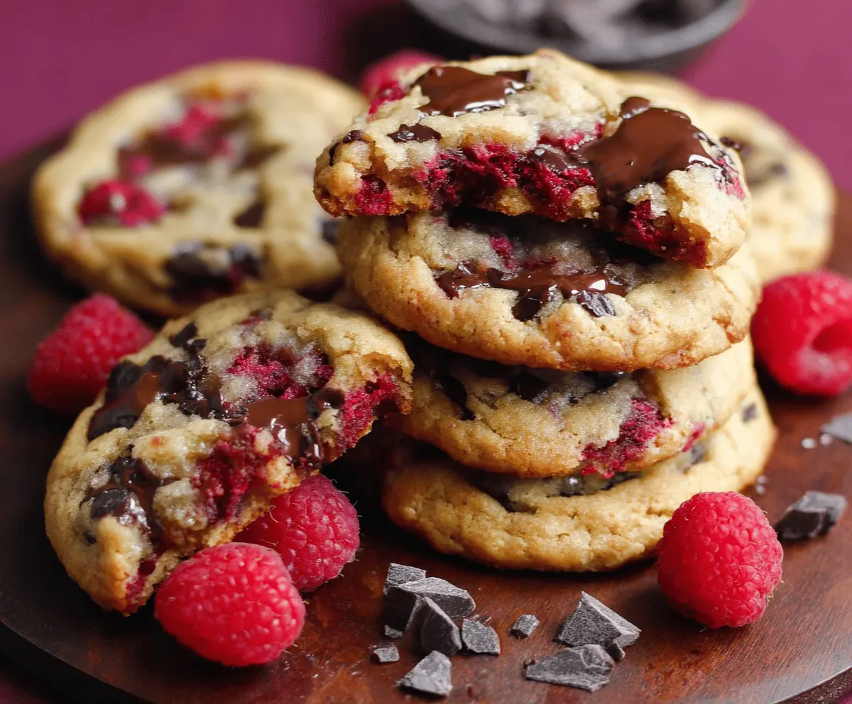 Delicious chewy raspberry chocolate chip cookies fresh out of the oven.