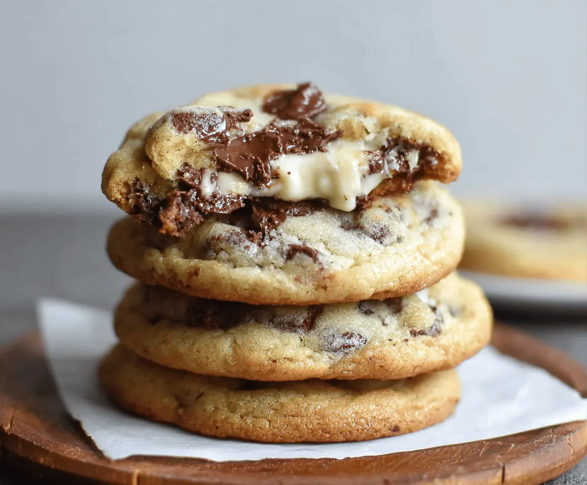 Delicious chocolate chip cheesecake cookies with creamy filling and melted chocolate chips on top.