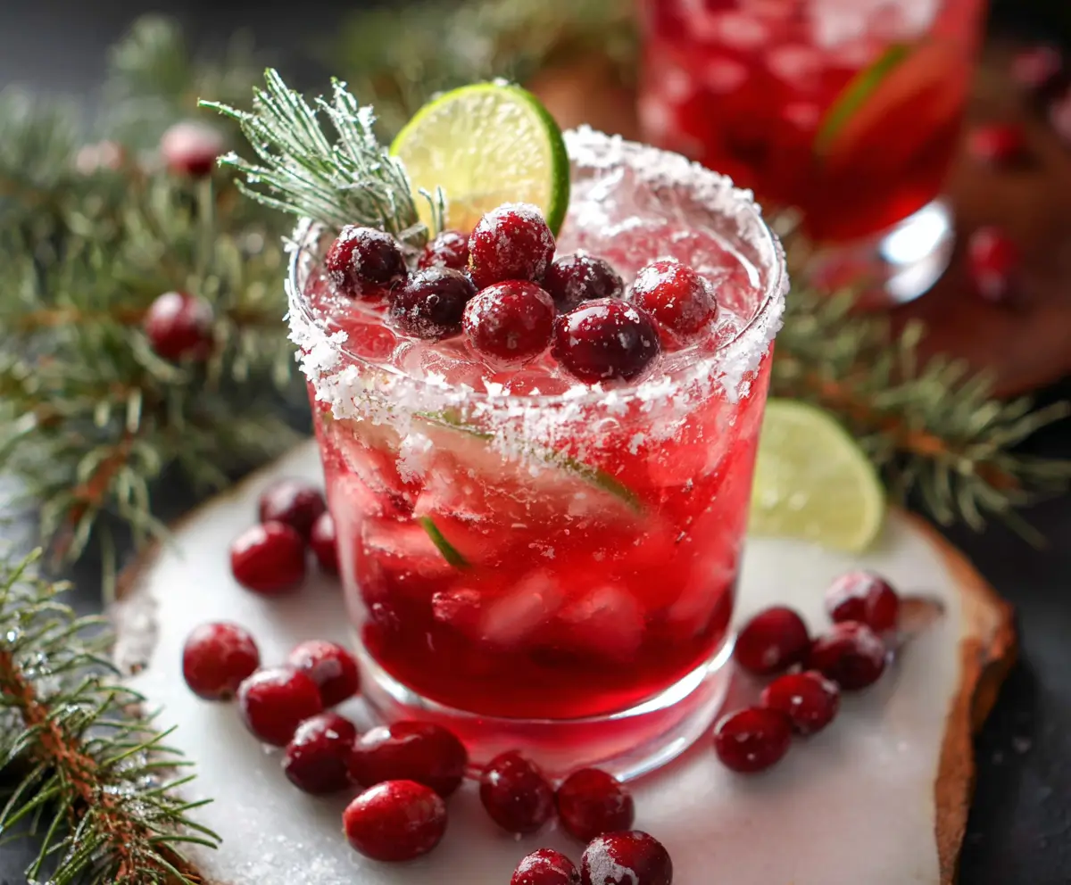 Festive Christmas Cranberry Margarita in a decorative glass with cranberries and mint garnishes.