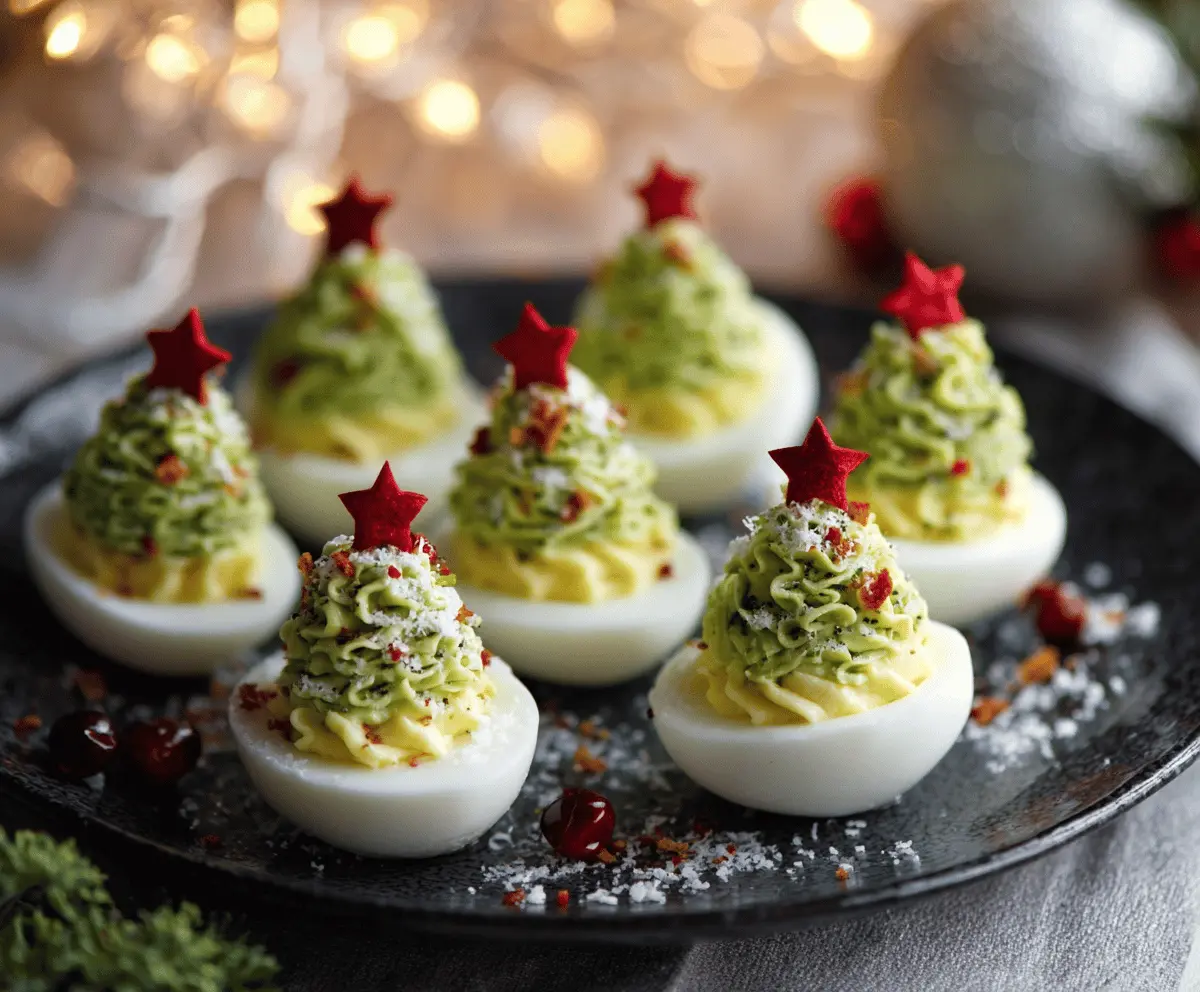 Festive Christmas deviled eggs garnished with colorful toppings, perfect for holiday parties.