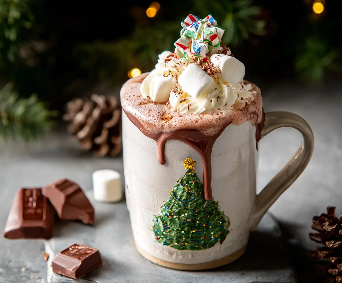 Delicious Christmas hot chocolate topped with whipped cream and festive holiday sprinkles.
