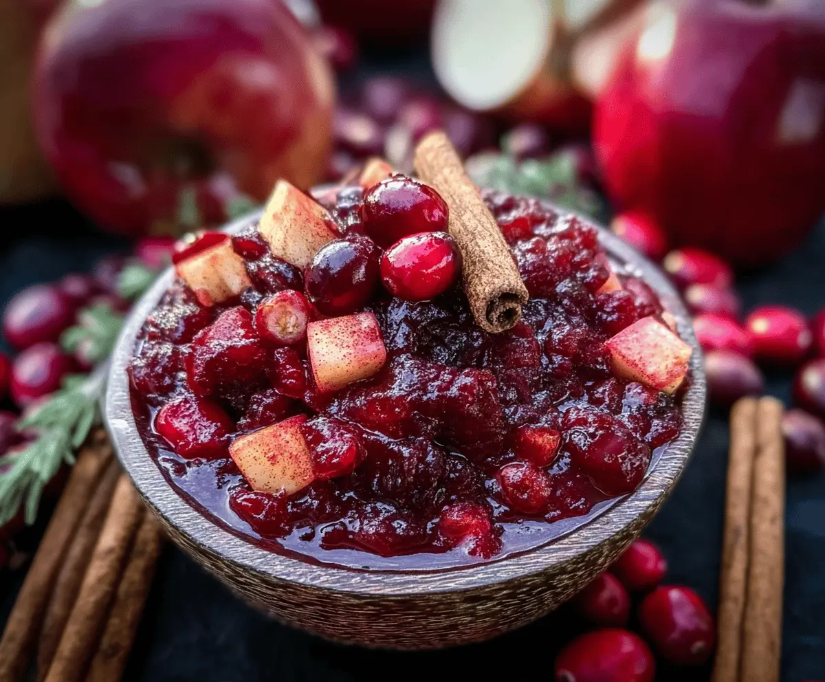 Homemade cinnamon apple cranberry sauce in a bowl, perfect for holiday desserts.