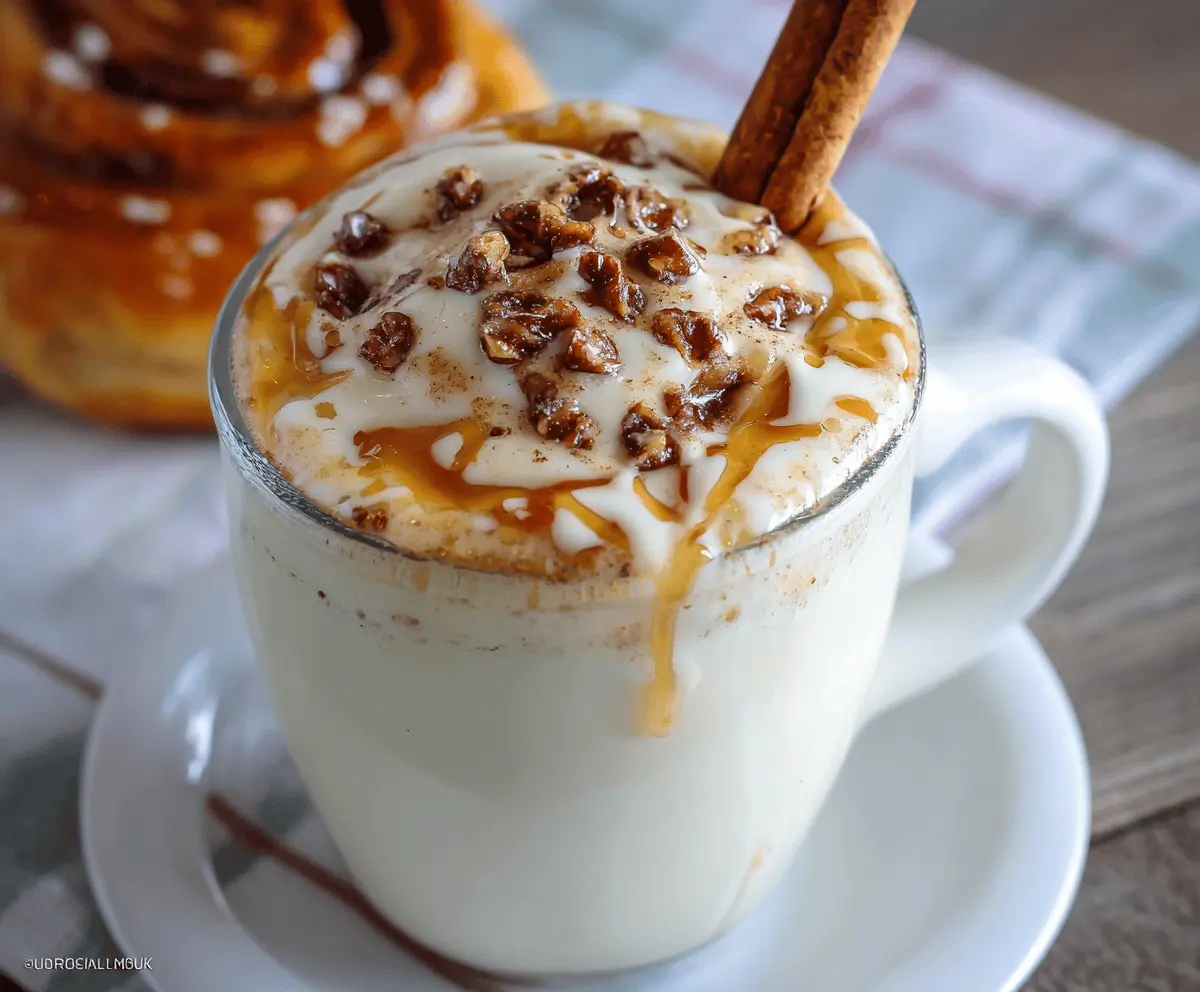 Creamy Cinnamon Bun White Hot Chocolate topped with whipped cream and cinnamon, comfort drinks for cold days.