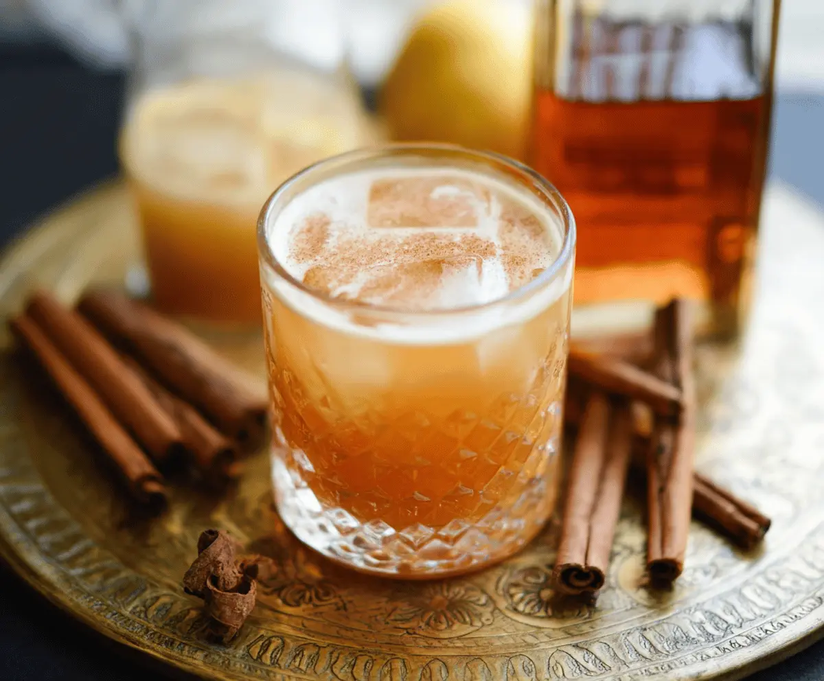 Refreshing Cinnamon Maple Whiskey Sour cocktail garnished with cinnamon stick and maple leaf