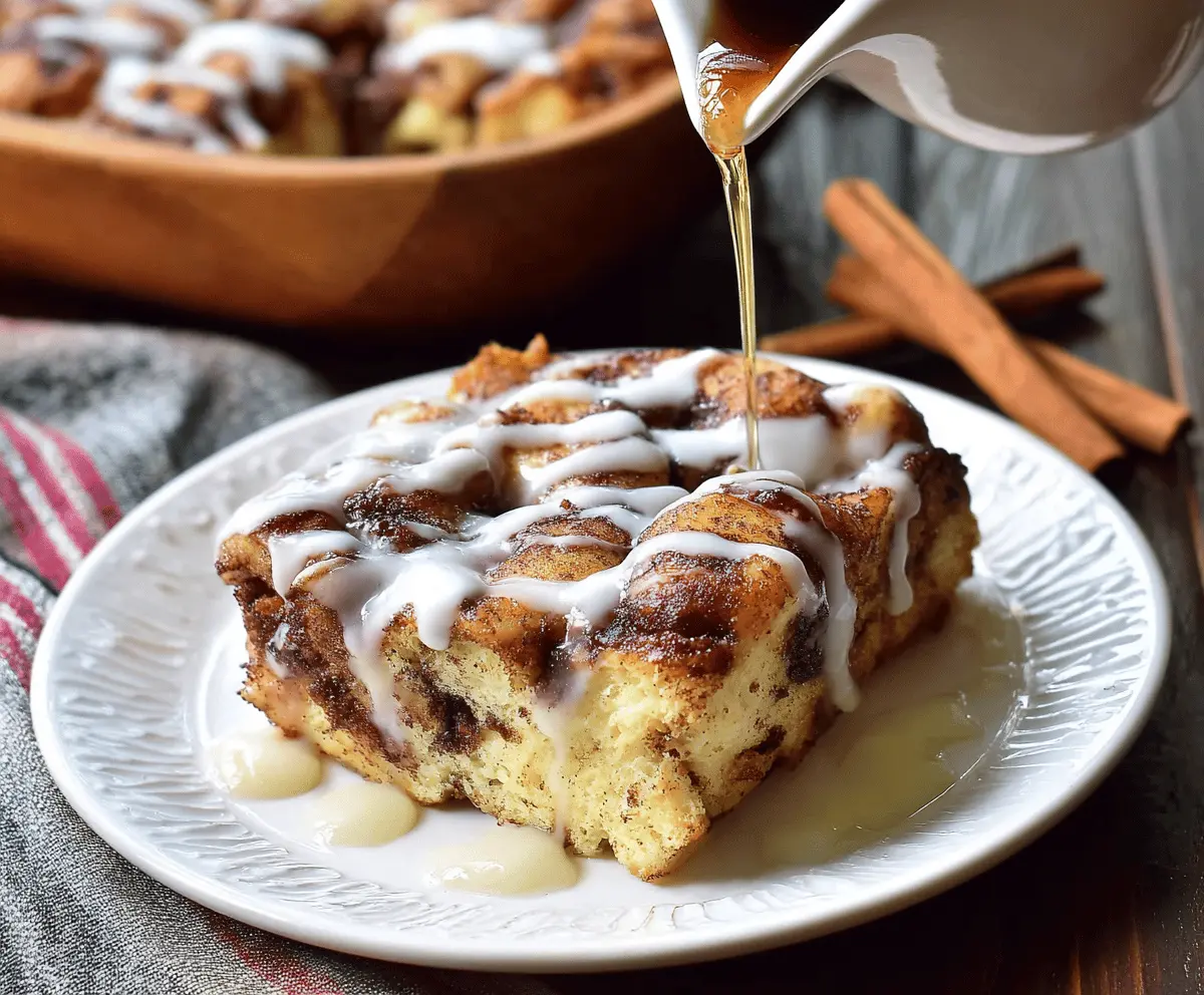 Delicious Cinnamon Roll French Toast Casserole topped with icing and cinnamon for a sweet breakfast treat.