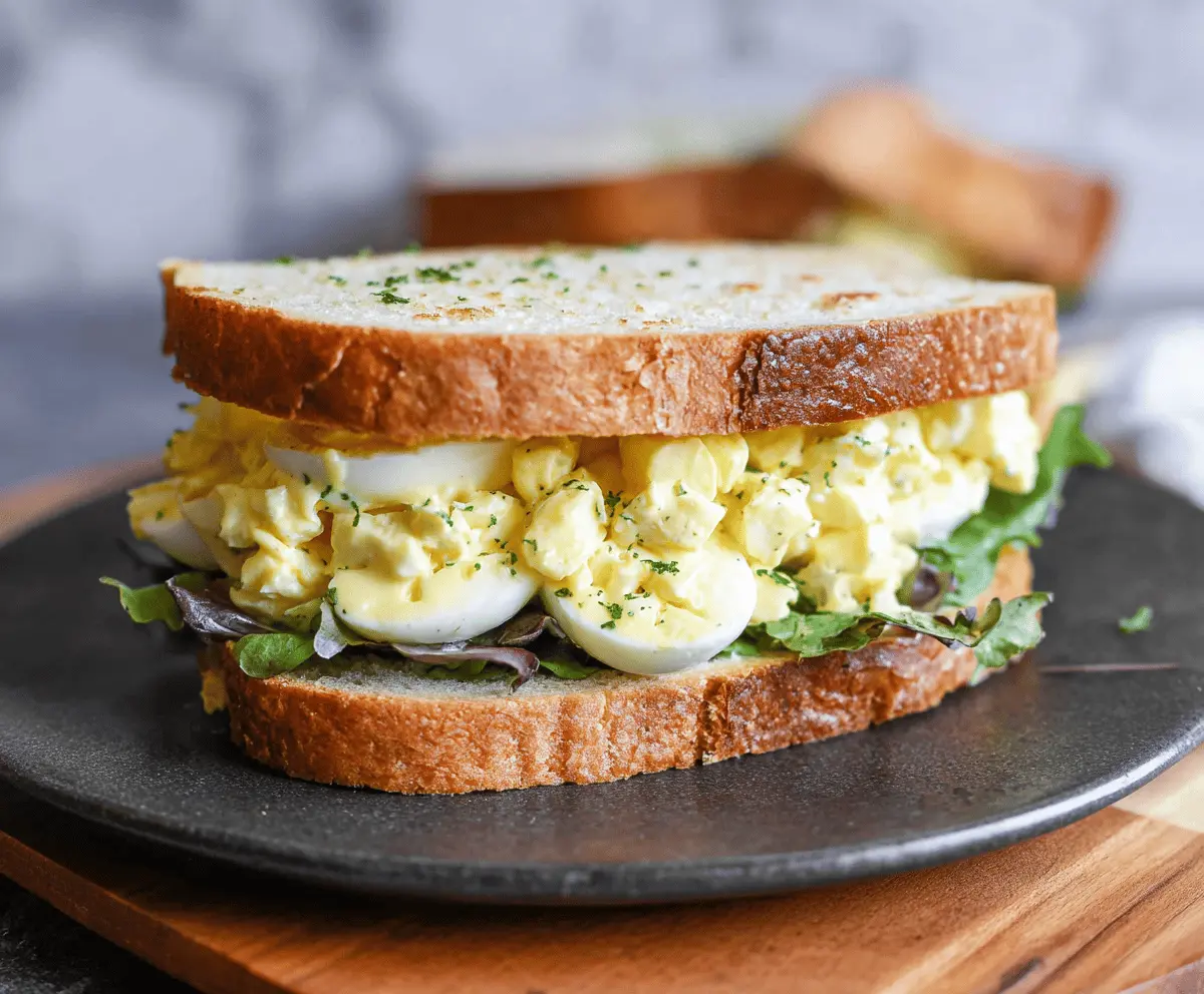 Delicious classic egg salad sandwich on whole wheat bread with fresh lettuce