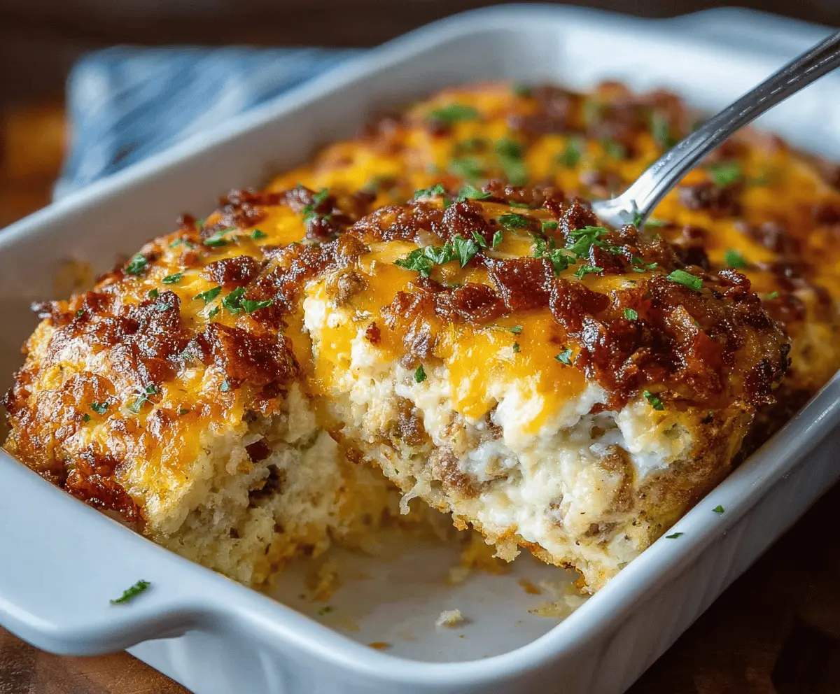 Delicious Crack Breakfast Casserole with eggs, cheese, and sausage in a baking dish