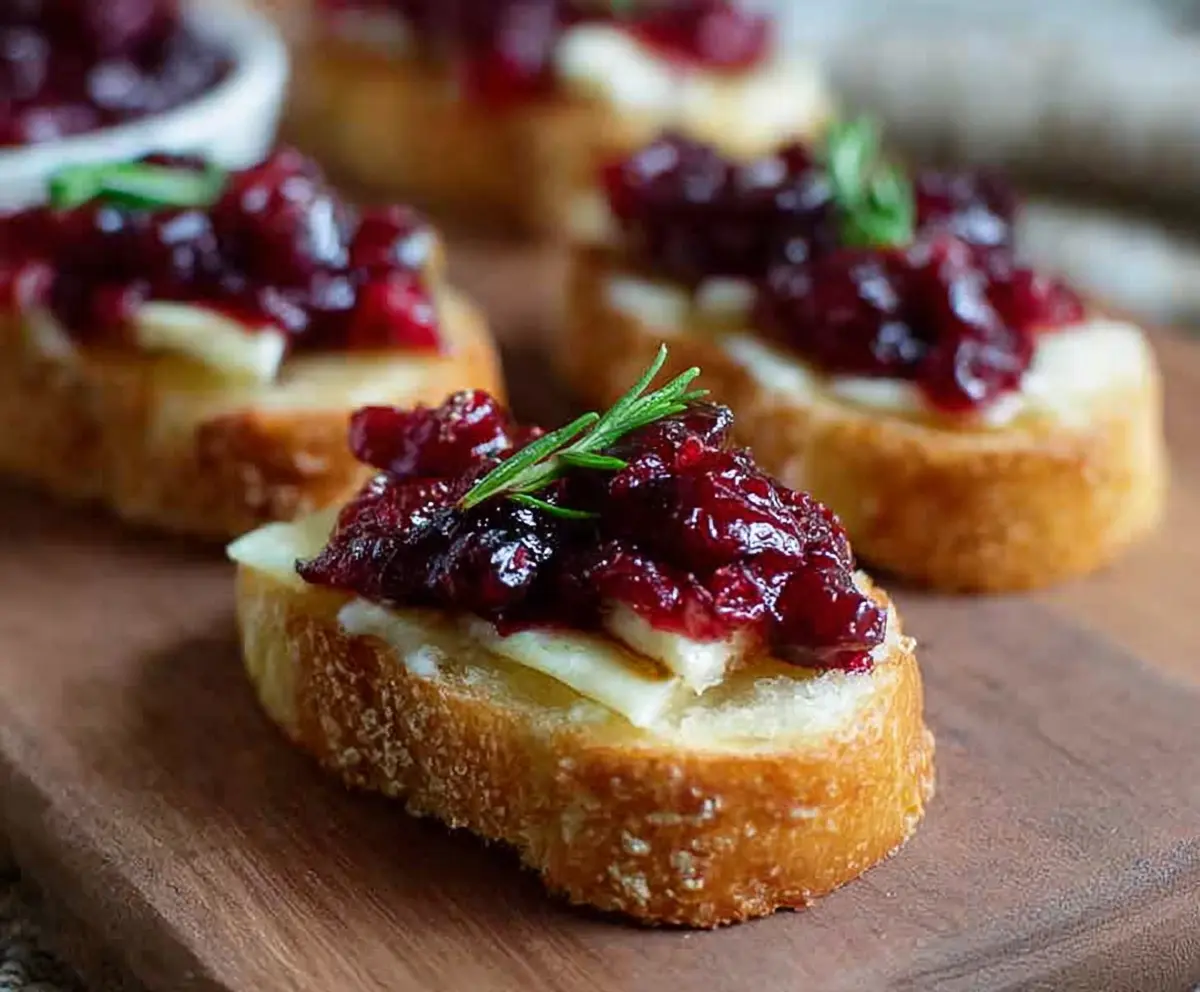 Cranberry Brie Toast with fresh cranberries, melted Brie cheese, and crispy toast for a festive appetizer.