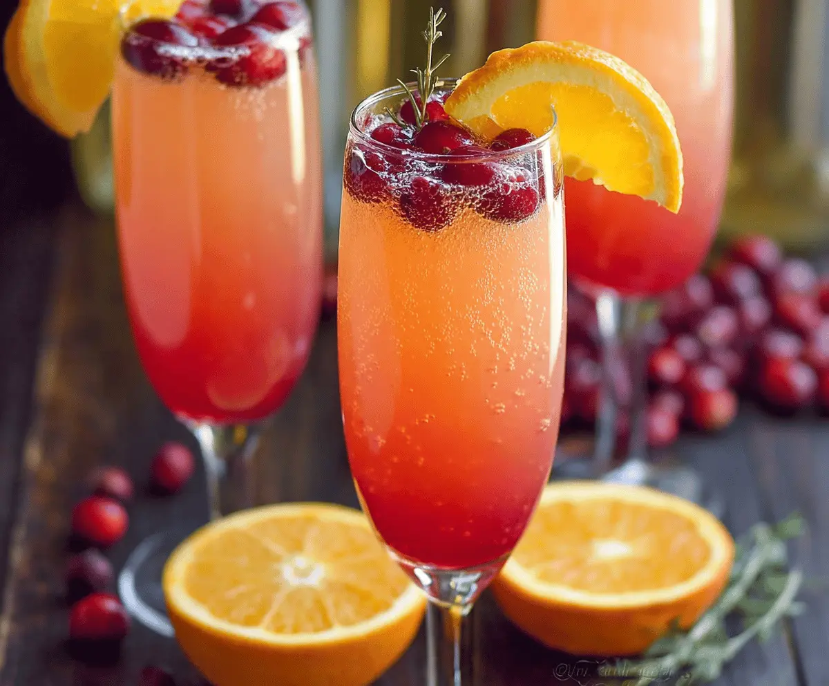 Refreshing Cranberry Orange Mimosa in a tall glass with fresh cranberries and orange slices