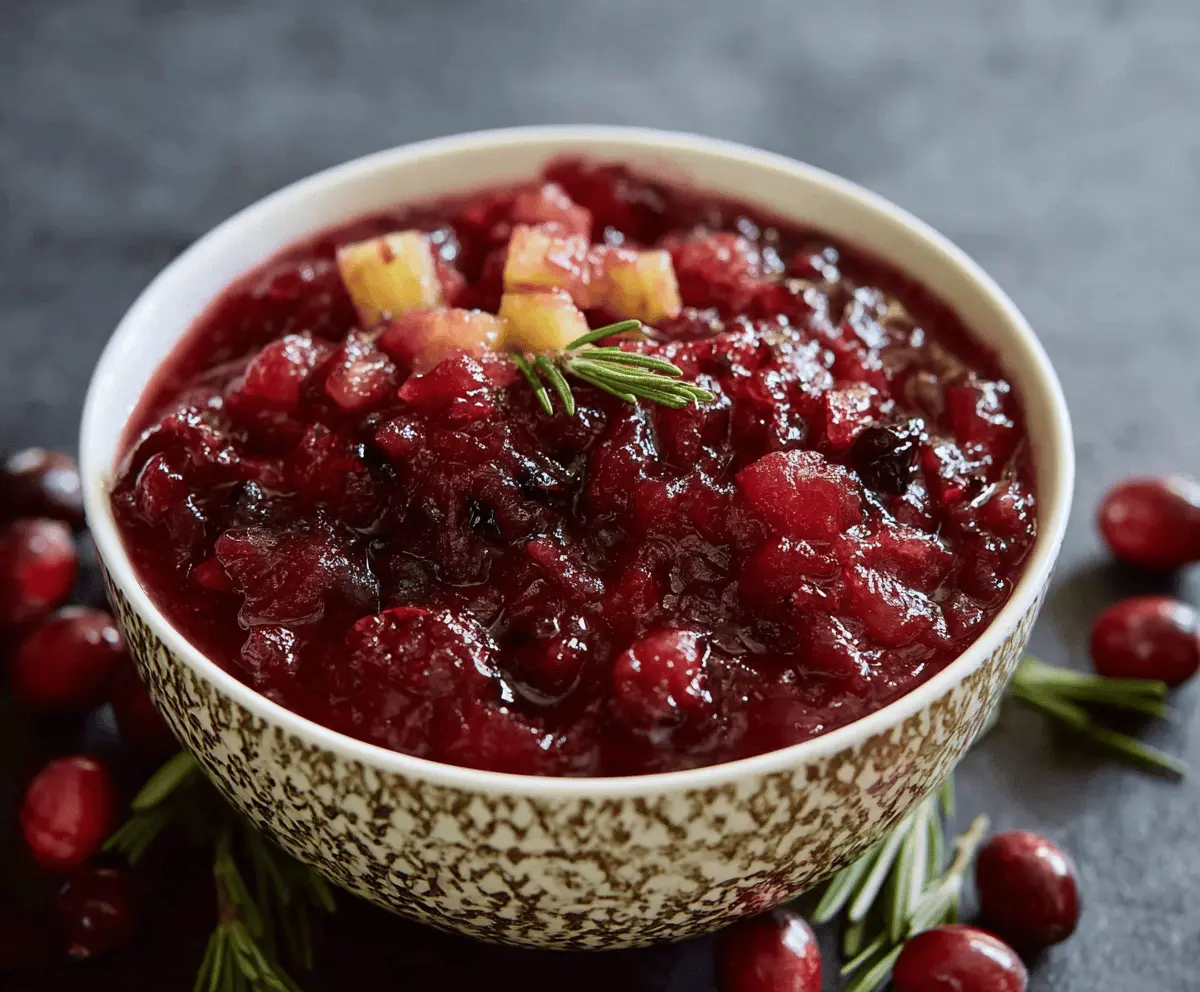 Delicious homemade Cranberry Pineapple Sauce with fresh cranberries and pineapple chunks for a festive holiday dish.