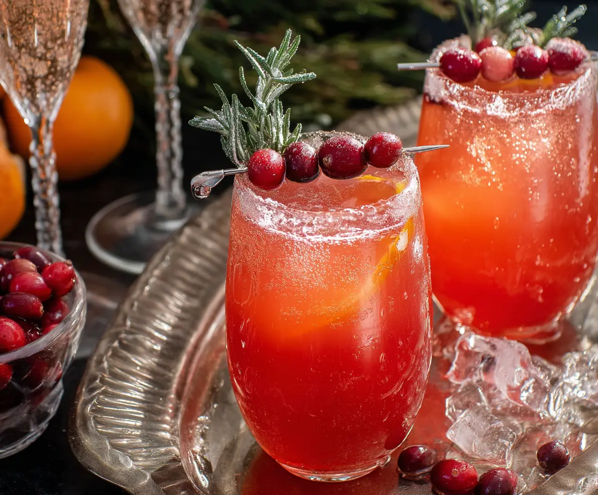 Refreshing cranberry prosecco cocktail in a glass garnished with fresh cranberries and a sprig of mint.