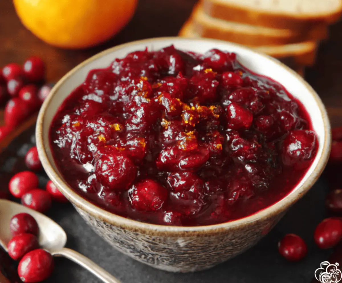 Delicious homemade cranberry sauce with orange marmalade served in a glass bowl for holiday dinner.