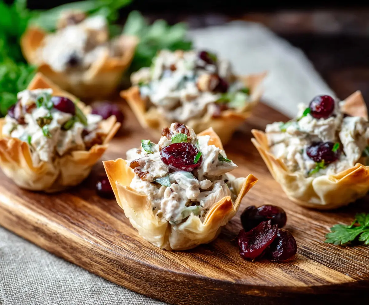 Cranberry Walnut Chicken Salad served in crispy phyllo cups with fresh cranberries and walnuts.