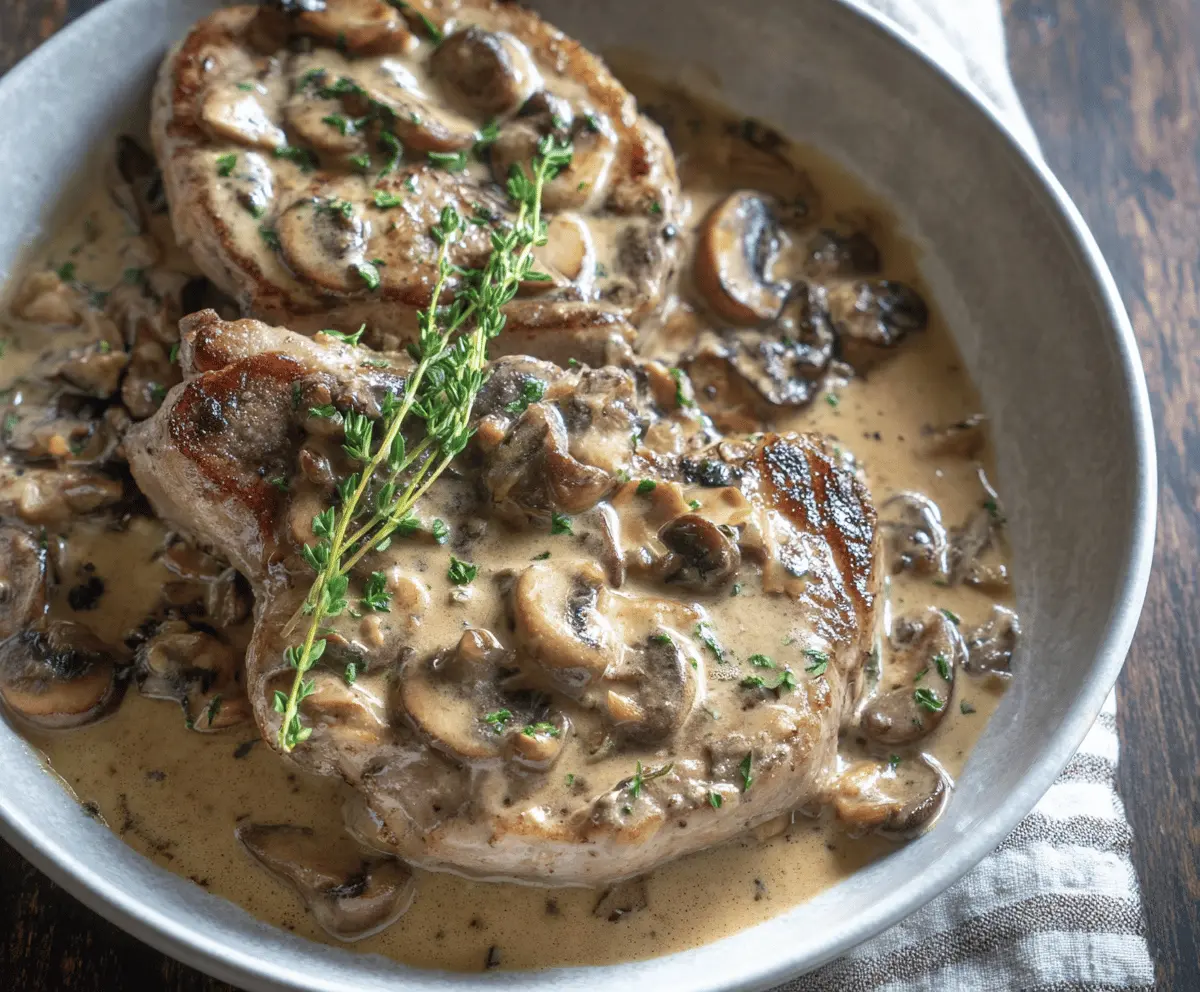Delicious creamy mushroom pork chops served on a plate with fresh herbs.