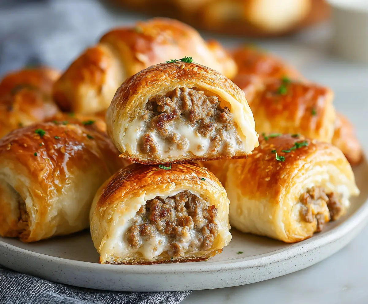 Delicious creamy sausage-stuffed crescent rolls fresh out of the oven ready to serve.