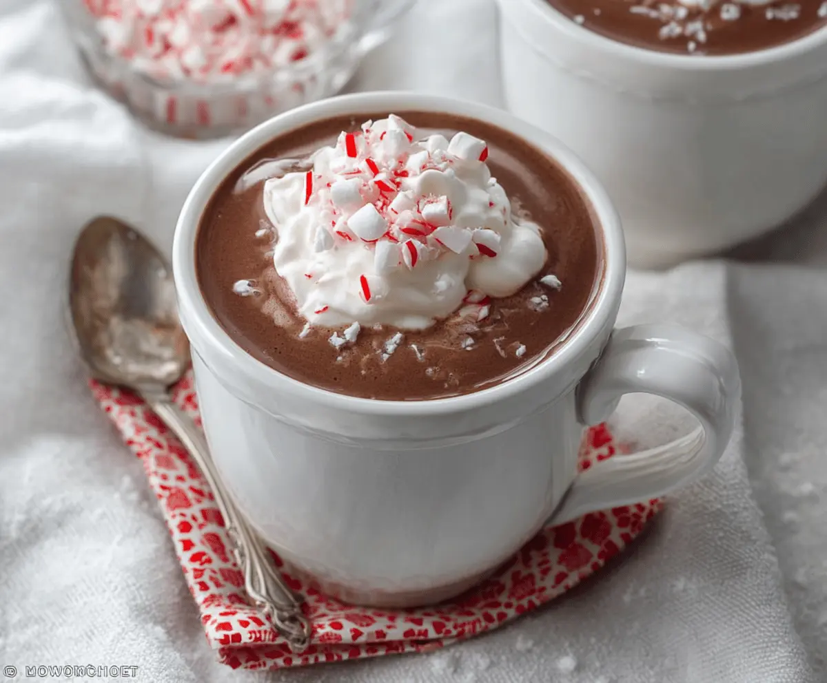 Delicious Crockpot Peppermint Hot Chocolate served in a festive mug with whipped cream and peppermint sprinkles.