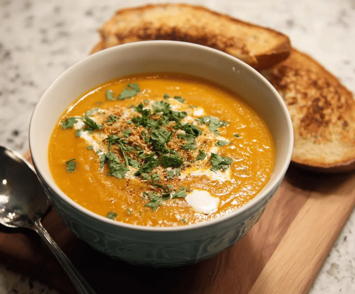 A steaming bowl of creamy curried sweet potato soup garnished with herbs.