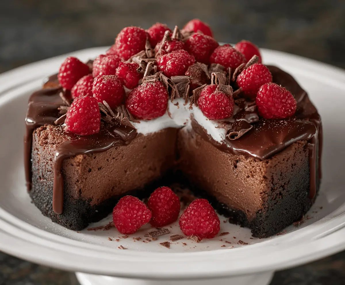 Delicious dark chocolate raspberry cheesecake garnished with fresh raspberries and chocolate shavings.