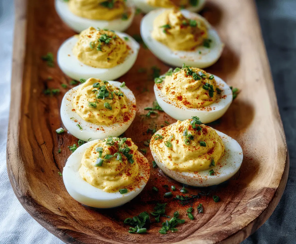 Delicious deviled eggs with mustard filling, perfect for parties and gatherings.