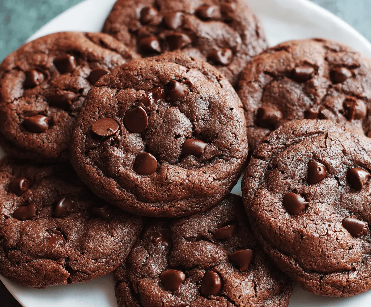 Delicious homemade double chocolate chip cookies with gooey chocolate chips and a crispy edge.
