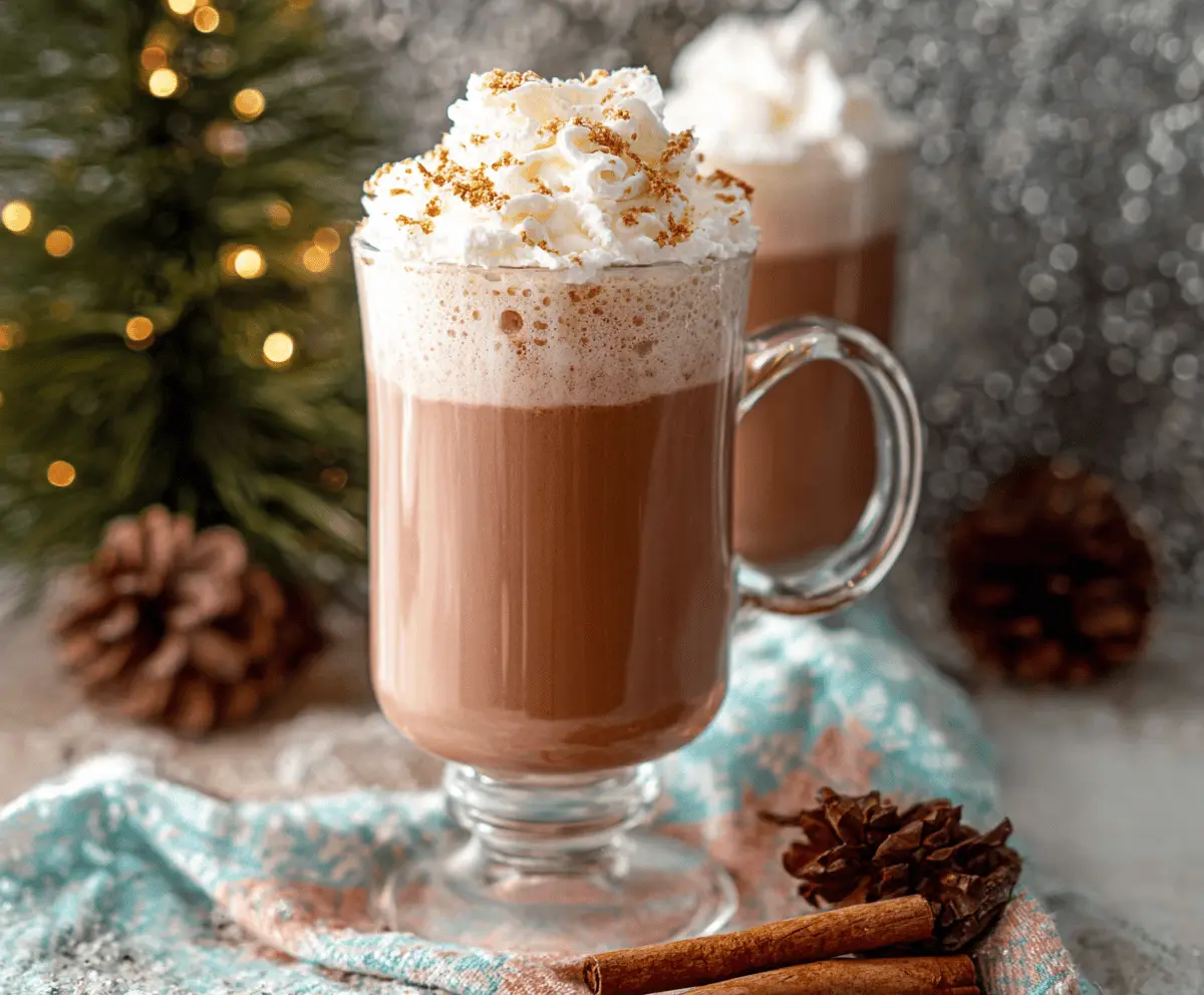 Creamy Eggnog Hot Chocolate topped with whipped cream and nutmeg in a cozy mug