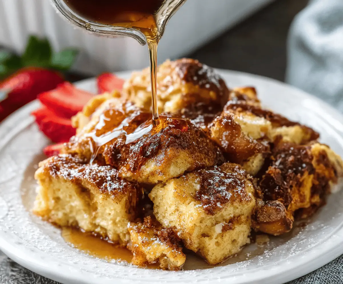 Delicious French Toast Casserole topped with powdered sugar and fresh berries ready for breakfast.