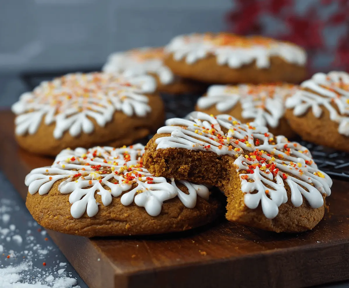 Decorative frosted gingerbread cookies with intricate icing designs on a festive platter.