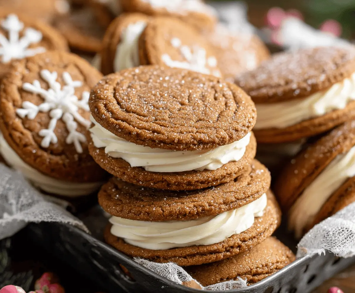 Delicious gingerbread sandwich cookies with creamy filling, perfect for the holiday season.