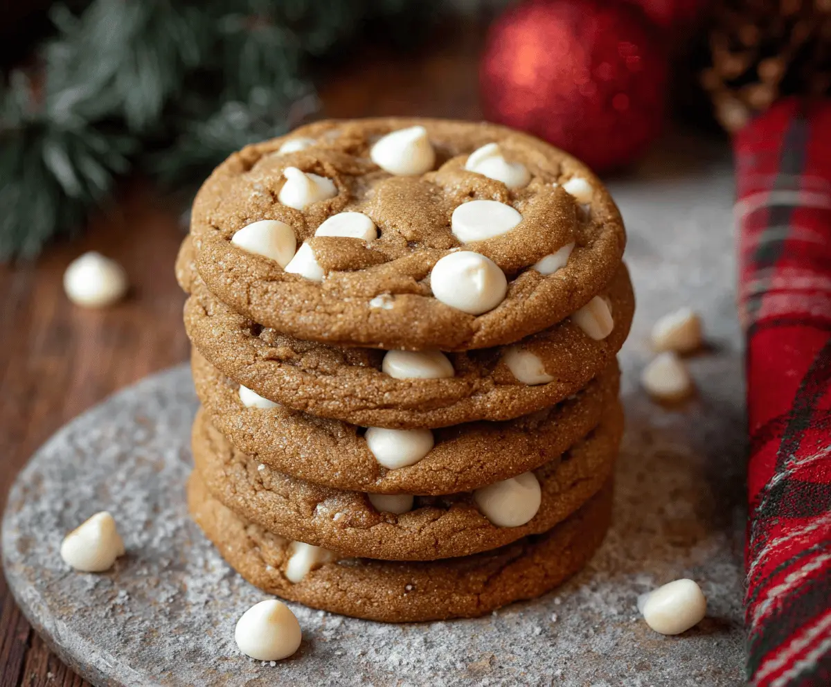 Freshly baked gingerbread cookies with white chocolate chips on a rustic plate, perfect for the holiday season.