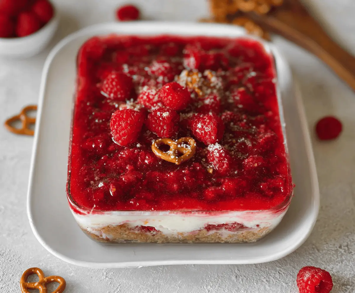 Delicious gluten-free raspberry pretzel salad with fresh raspberries and crunchy pretzel topping.