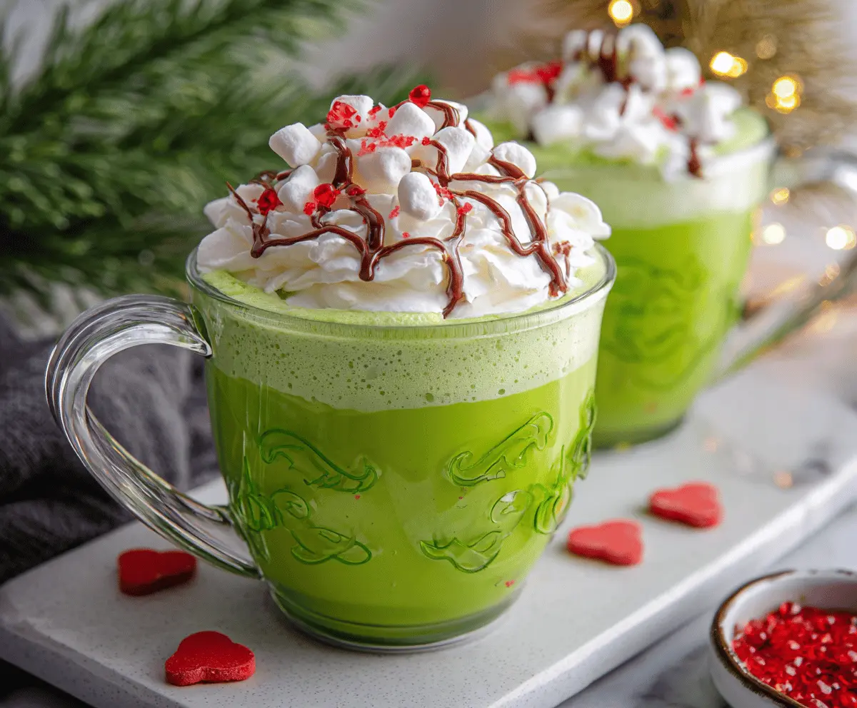 Festive image of a Grinch-themed hot chocolate in a playful mug with green whipped cream and holiday decorations.
