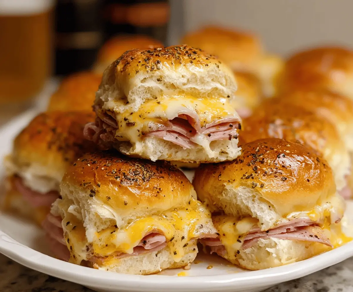 Delicious ham and cheese sliders fresh out of the oven, perfect for a quick snack or party appetizer.
