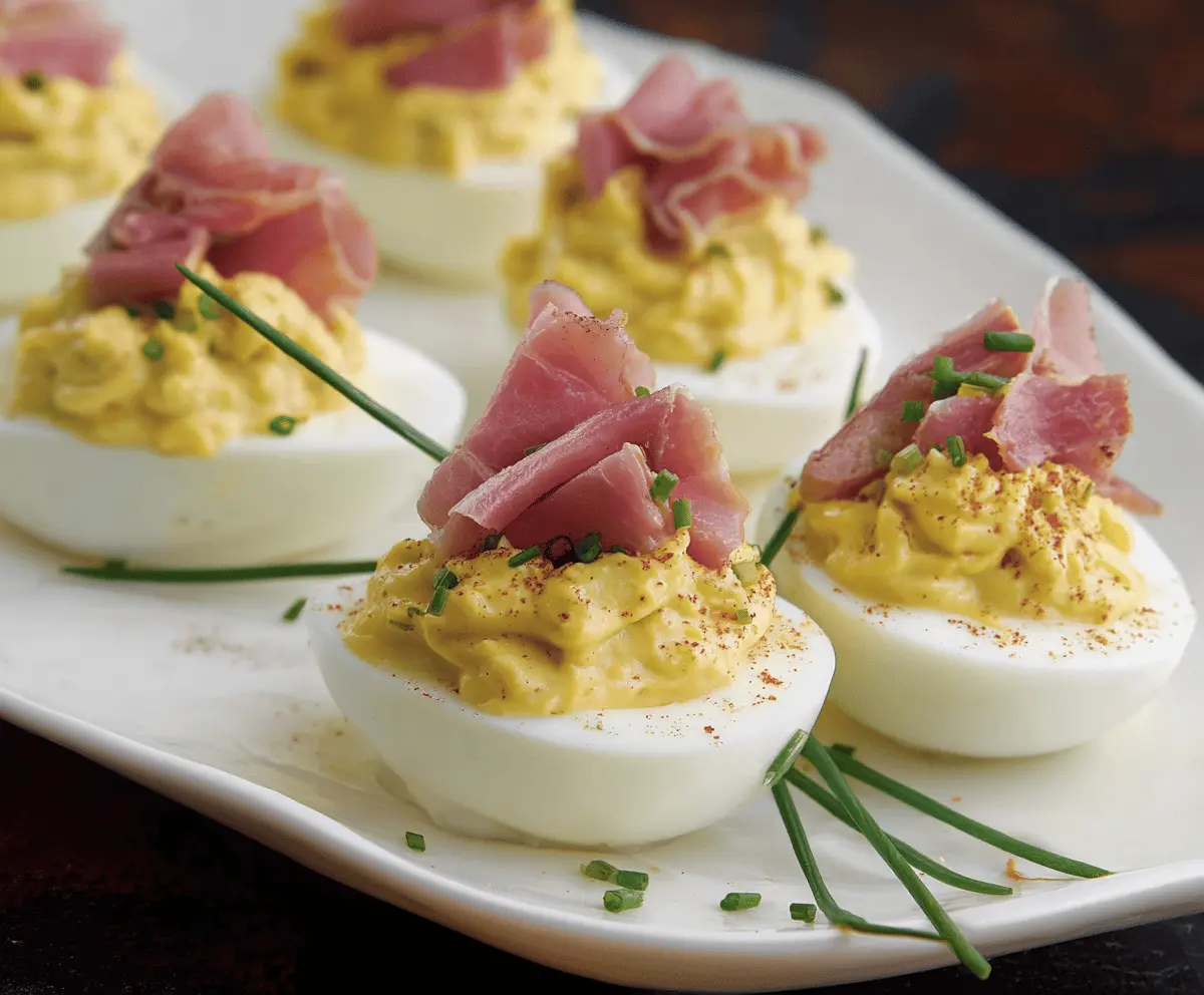 Delicious Ham Deviled Eggs topped with paprika, perfect for appetizers and party snacks