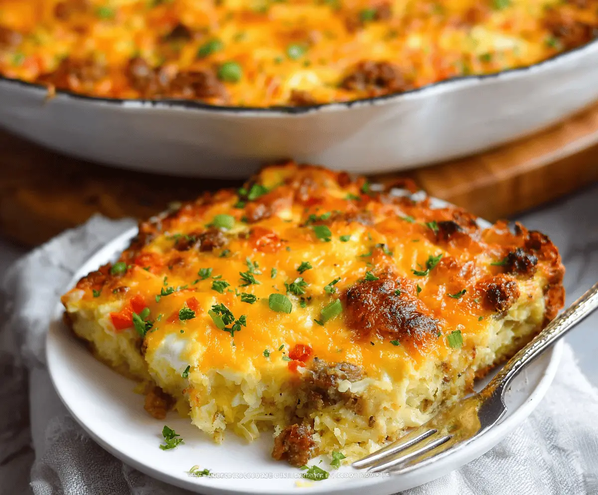 Delicious hashbrown breakfast casserole with eggs ready to serve