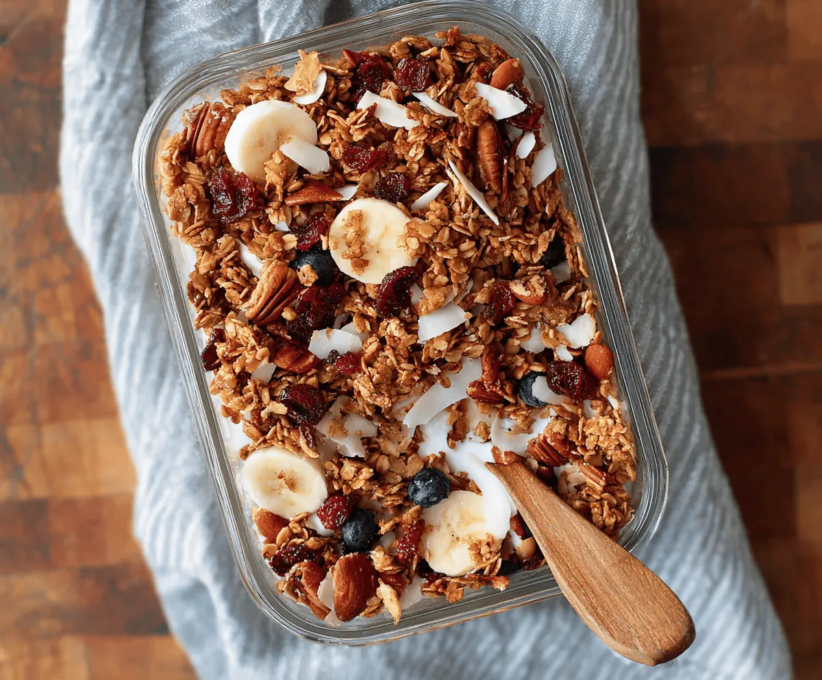 Crunchy homemade healthy granola with oats, nuts, and dried fruits in a glass jar.