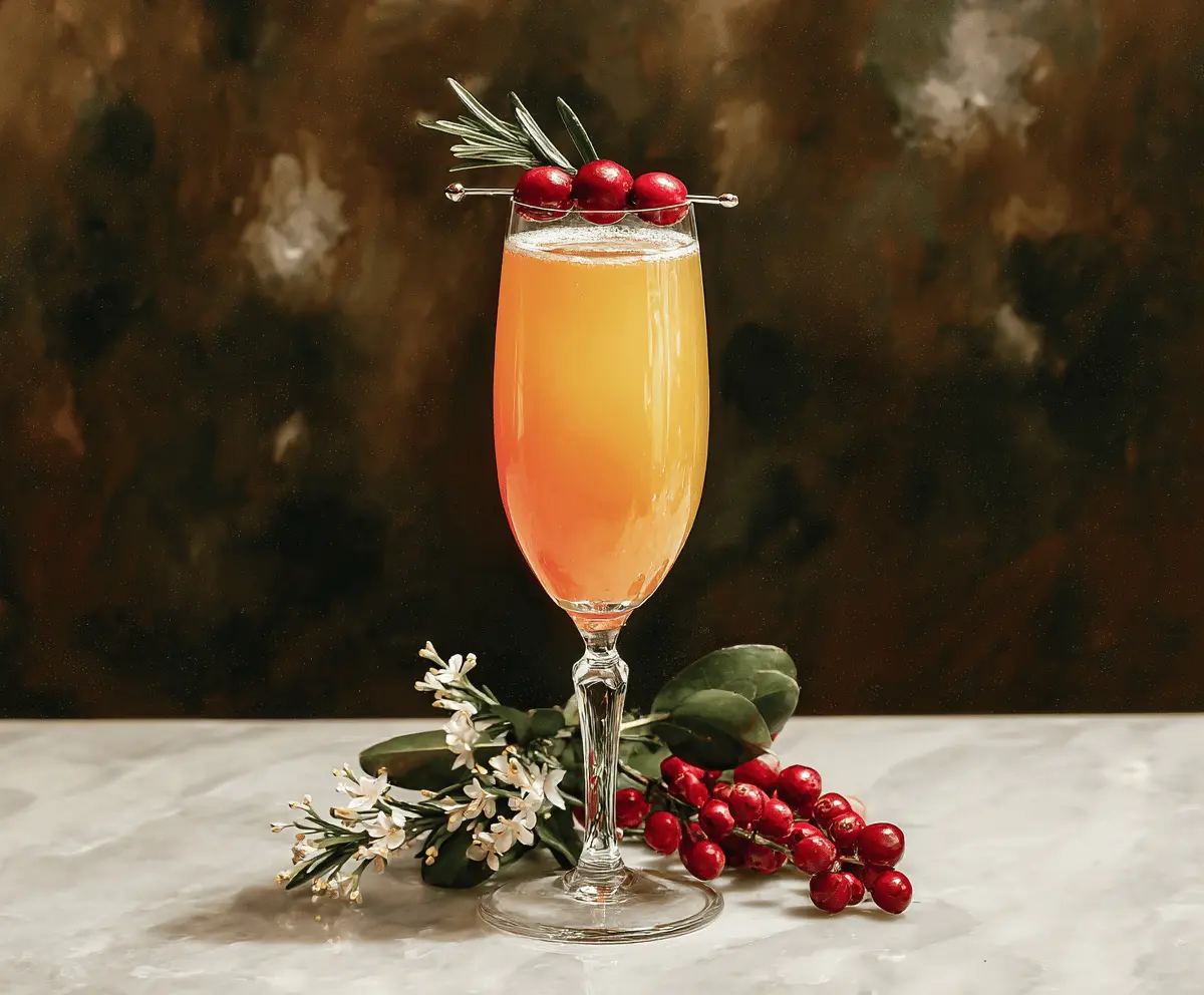 Festive Holly Jolly Mimosa cocktail served in a champagne flute with orange slices and holiday decorations.