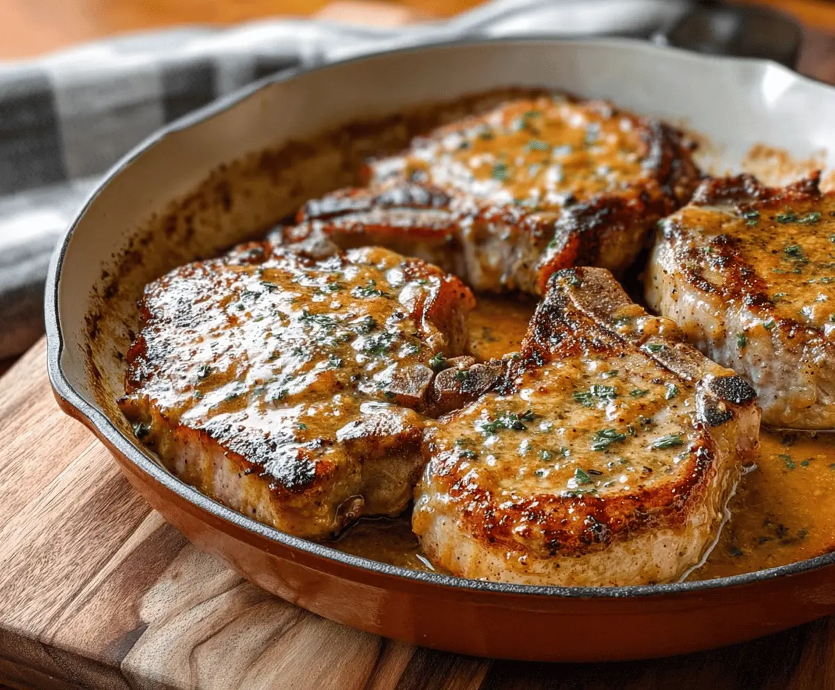 Juicy honey mustard glazed pork chops on a plate, garnished with fresh herbs.