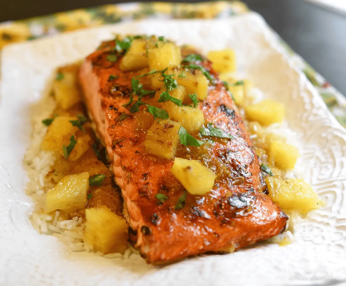 Delicious honey pineapple glazed salmon with fresh pineapple slices and herbs