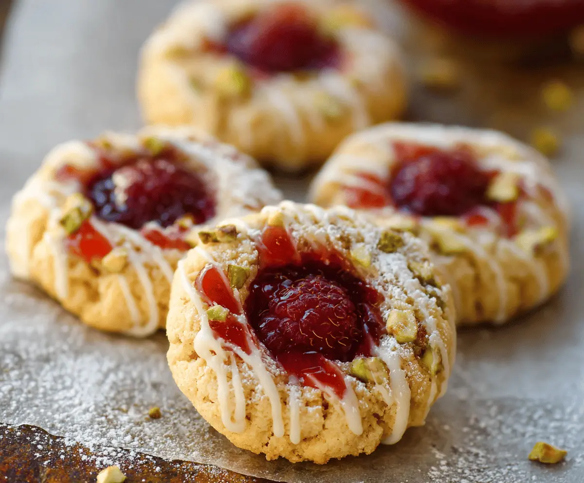 Delicious Italian Raspberry Thumbprint Cookies with raspberry jam filling and golden crust
