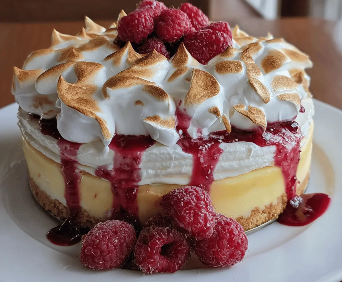 Delicious Lemon Raspberry Meringue Cheesecake with fresh berries and fluffy meringue topping