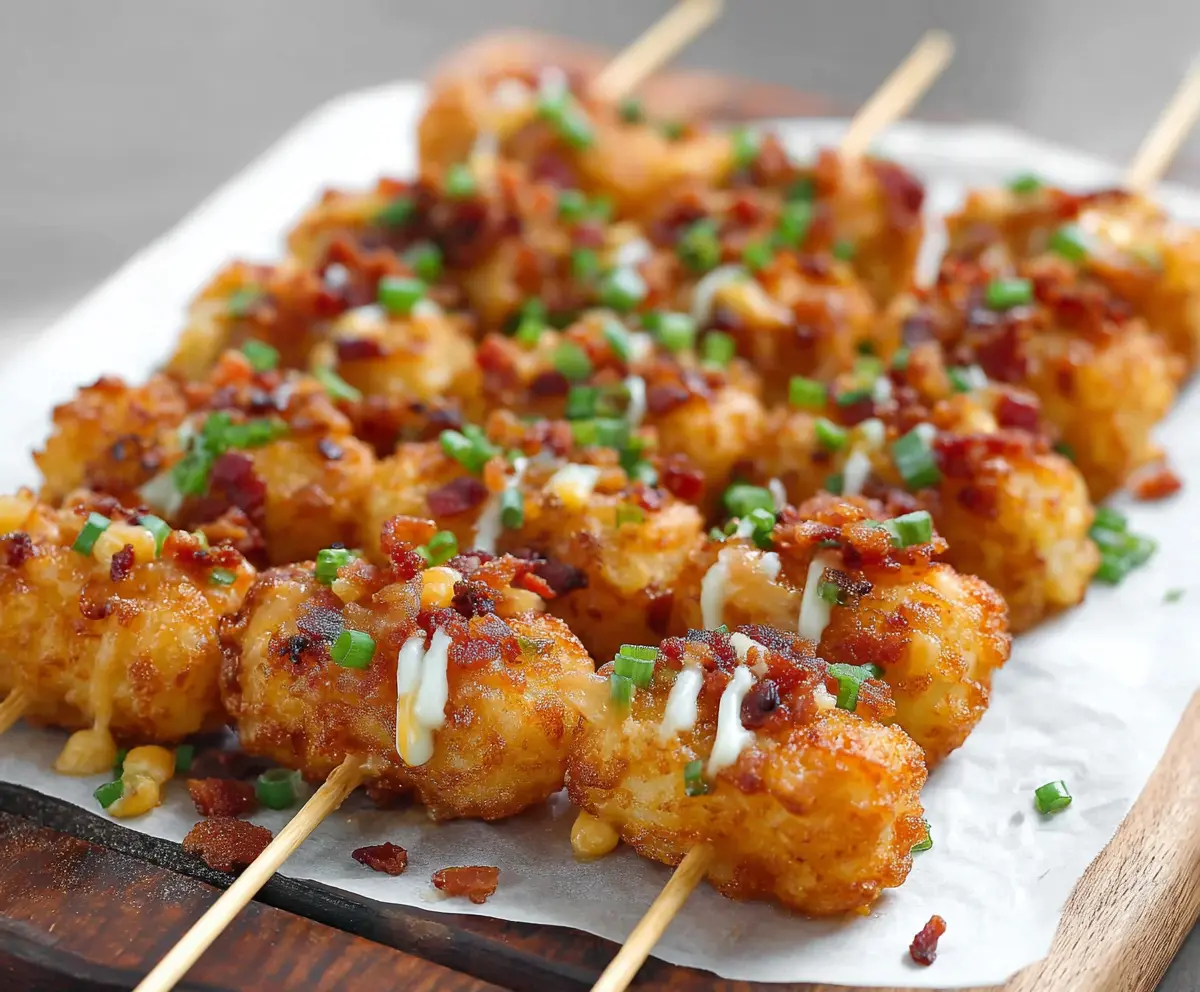 Delicious loaded tater tot skewers topped with cheese, bacon, and green onions on a serving platter.