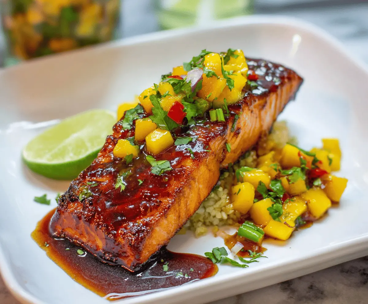 Delicious Mango Teriyaki Salmon served on a plate with fresh mango slices and green garnish.