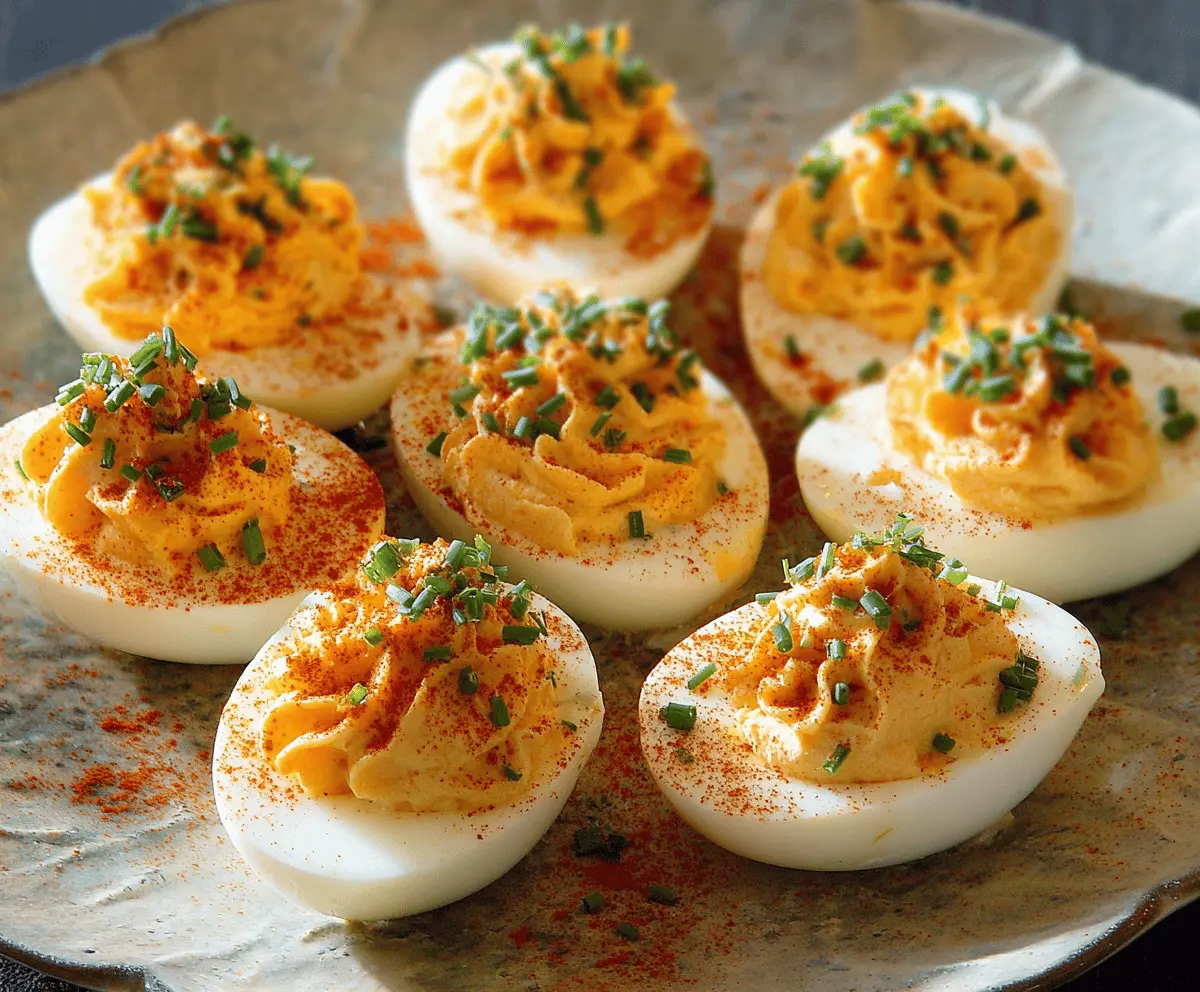 Delicious Million Dollar Deviled Eggs garnished with paprika and fresh herbs on a white plate.