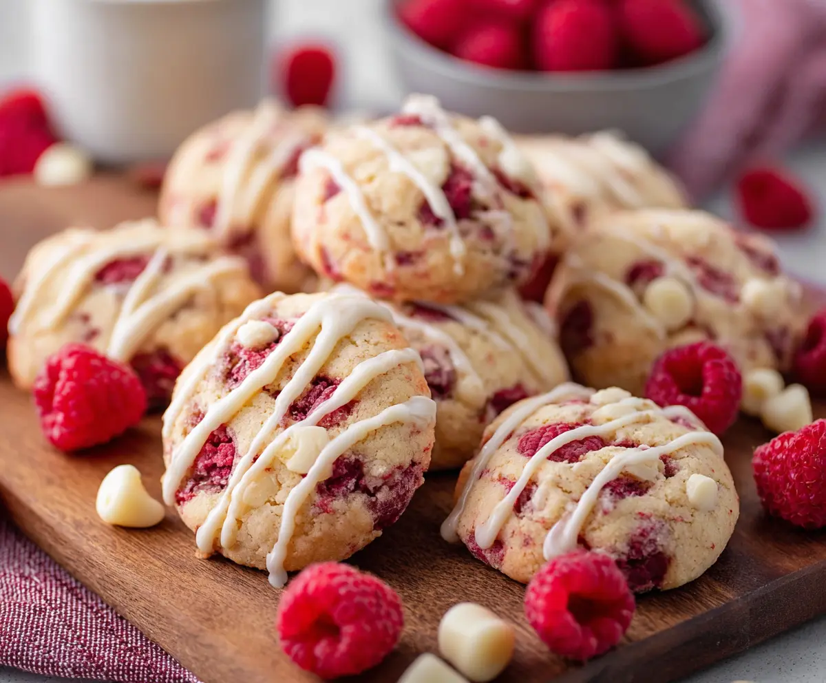 Delicious moist raspberry cookies garnished with fresh raspberries on a white plate.