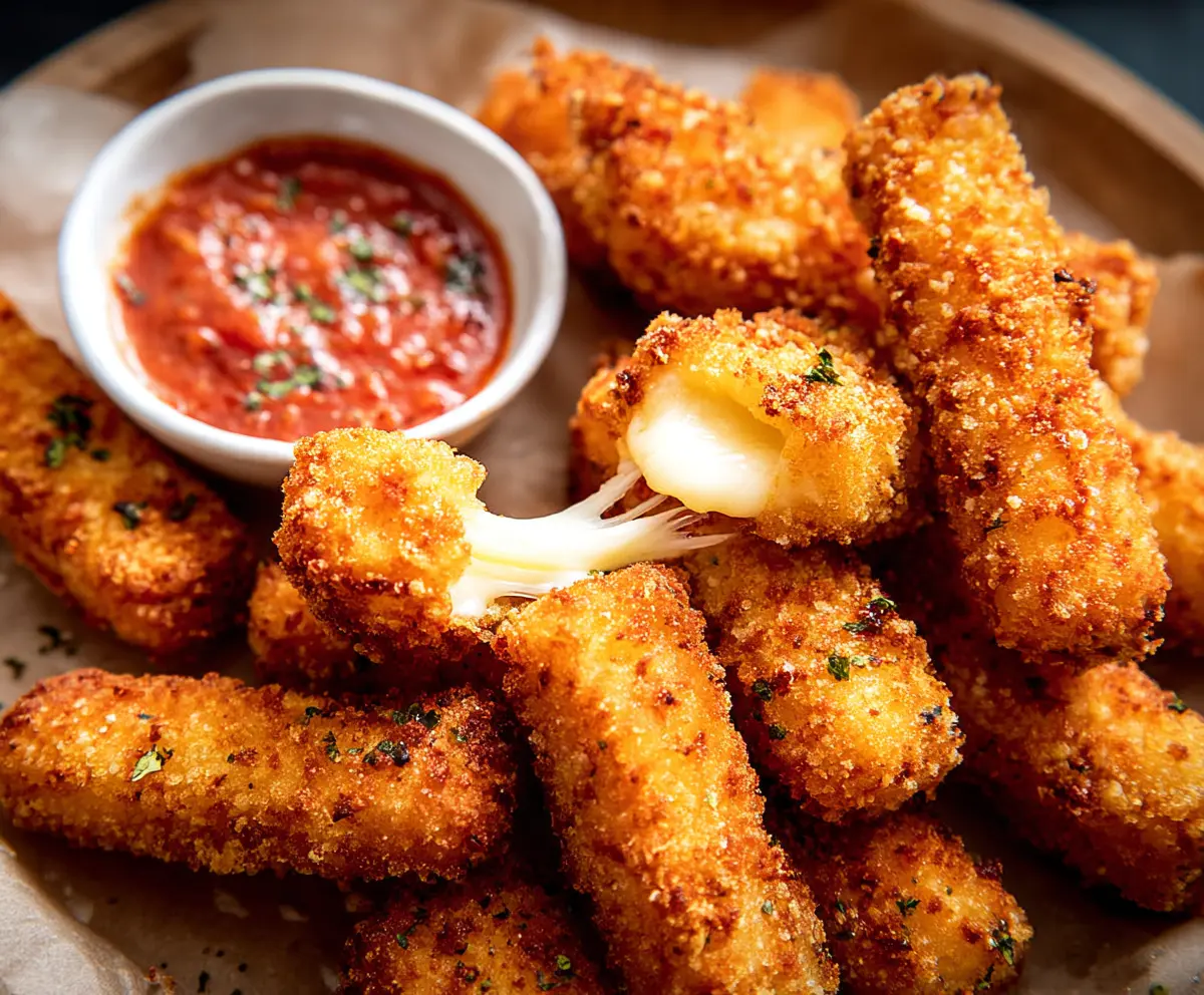 Crispy mozzarella sticks with melted cheese served with marinara sauce