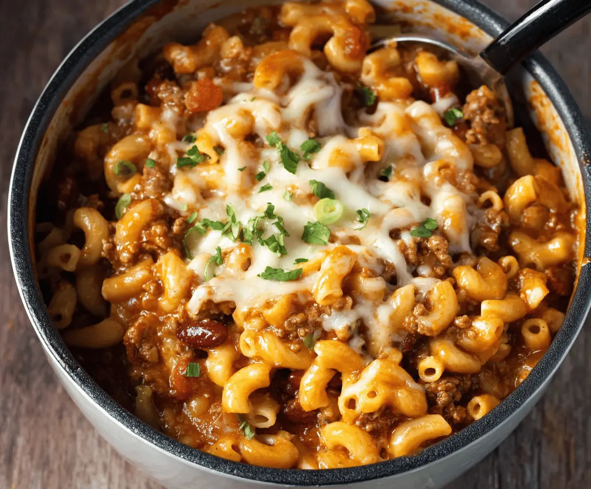 Creamy one pot chili mac and cheese served in a bowl, topped with shredded cheese and fresh herbs.