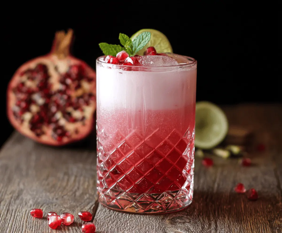 Refreshing Pomegranate Gin Fizz cocktail garnished with pomegranate seeds and mint leaves.